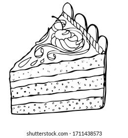 Hand drawn piece of layered cake with icing and shavings, sketch style vector illustration isolated on white background. Realistic hand drawing of piece, slice of cake
