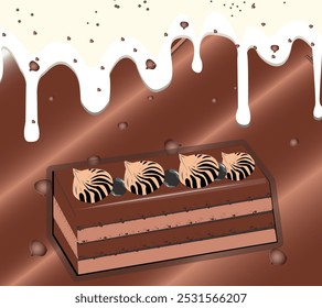 Hand drawn piece of layered chocolate pastry sketch style vector illustration isolated on chocolate  background. Realistic hand drawing of piece, slice of chocolate pastry. The idea of creation 