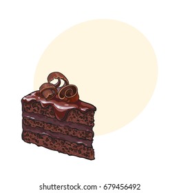 Hand Drawn Piece Of Layered Chocolate Cake With Icing And Shavings, Sketch Style Vector Illustration With Space For Text. Realistic Hand Drawing Of Piece, Slice Of Chocolate Cake