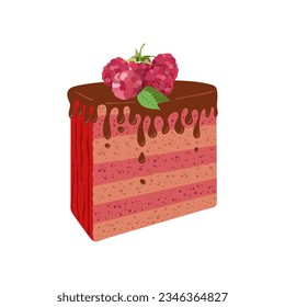 Hand drawn piece of layered fruty cake with chocolate and raspberries, isolated on white background. Realistic cake.