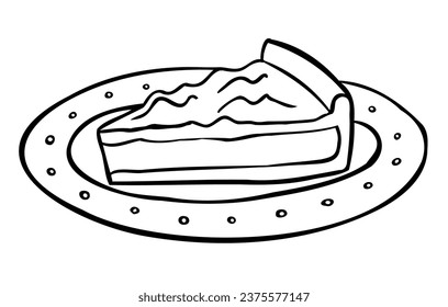 Hand drawn piece of pie on a plate in outline style on a white background. Vector illustration. Perfect for autumn menu, coloring book, card, print.