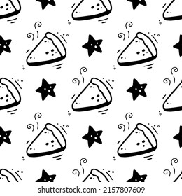Hand drawn Piece of pie seamless pattern. Hand drawn fast food, home food illustration in doodle style. Vector fabric texture illustration in doodle style.