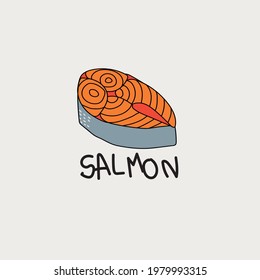 Hand drawn piece of salmon on soft light brown background. Vector illustration in doodle art style