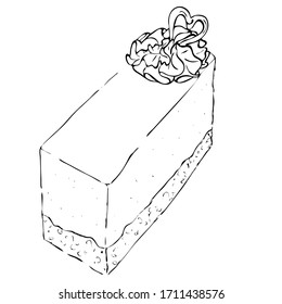 Hand drawn piece of strawberry yogurt cake, sketch style vector illustration isolated on white background. Realistic hand drawing of piece, slice of cake