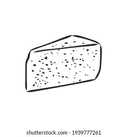Hand drawn piece of Swiss cheese, sketch style vector illustration isolated on white background. Realistic hand drawing of an triangle chunk of fresh cheese with big holes