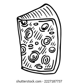 Hand drawn piece of Swiss cheese, sketch style vector illustration isolated on white background. Realistic hand drawing of an triangle chunk of fresh cheese with big holes