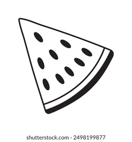 Hand drawn piece of watermelon isolated on white background. Design concept for summer vacation and travel.  Can be used in web design, print, textile, packaging. Vector illustration.