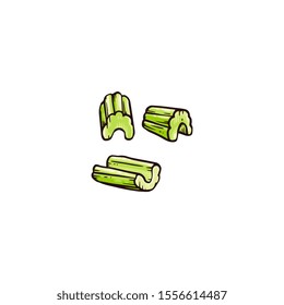 Hand drawn pieces of celery cut up in small portions - raw green plant sticks chopped up for cooking or healthy nutrition snack, Isolated flat vector illustration.