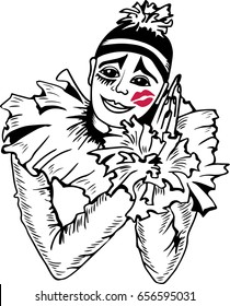 Hand drawn pierrot with kiss on the cheek. Isolated on white background. Vector