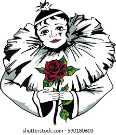 Hand drawn Pierrot with red rose isolated on white background. Vector