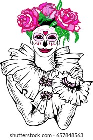 Hand drawn Pierrot with sugar skull makeup and pink roses. Vector. Isolated on white background. Can be used for carnival, Dia de Los Muertos, Day of the Dead or Halloween, card, invitation, etc.