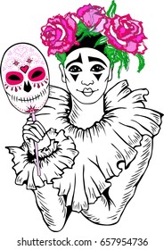 Hand drawn Pierrot with sugar skull mask and pink roses. Vector. Isolated on white background. Can be used for carnival, Dia de Los Muertos, Day of the Dead or Halloween, card, invitation, etc.