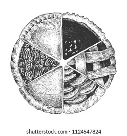 Hand drawn pies. Top view homemade a piece of sliced apple, chicken, yam, chocolate, pumpkin and pecan pie.