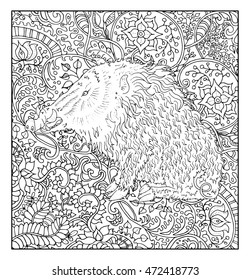 Hand drawn pig against zen floral pattern background for adult coloring book. Chinese new year astrological sign, horoscope and zodiac vector symbol, graphic illustration, vintage engraved style