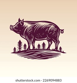 Hand drawn Pig with stylized trees in the background illustration. Vintage woodcut engraving style vector illustration.