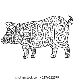 Hand drawn of pig in zentangle style