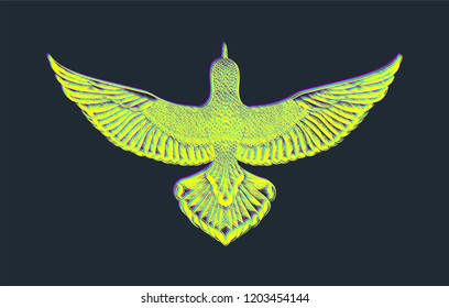 Hand drawn pigeon with glitch effect.Chromatic aberration.Flying bird on black background. Fashion print for t shirt template.Printed tee.RGB colors.