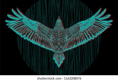 Hand drawn pigeon on the black background with wood texture. Poster for tattoo salon. Nature pattern. 
Hunter's sight. Forest wild animal. Dangerous eagle. Owl. Vector illustration. Sketch for tattoo.