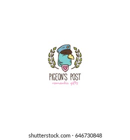 Hand drawn pigeon postman logo in doodle cartoon style. Cute creative gifts shop symbol