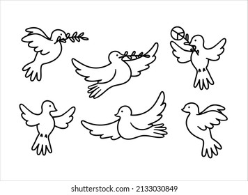 Hand drawn pigeons, Set of doodle drawings, peace symbol bird with a twig, international peace day clipart, stickers with simple contour birds