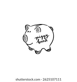 A hand drawn piggy bank with words 'piggy bank' written in cursive on the side