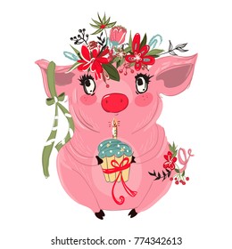 Hand drawn piggy, cute and beautiful with floral flowers wreath and tied bow on the head. Pig keeping the birthday cupcake (cake) with candle