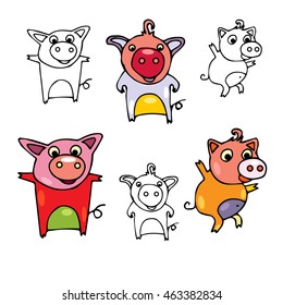 Hand drawn piggy in doodles style. Cartoon boars with black outline on isolated background. Funny wild animals for design or decorate.
