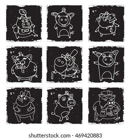 Hand drawn piggy painted with chalk on chalkboard. Funny wild animals for design or decorate