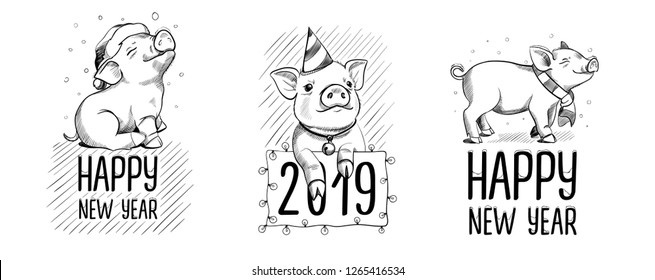 Hand drawn pigs. Set of illustrations with Chinese 2019 new year’s symbol. Cute pig sketches with happy new year lettering.