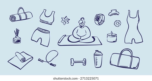 Handgezeichnete Pilates und Yoga-Set mit Sportbekleidung, Trainingszubehör, Posen und Wellness-Element. Perfekt für Fitness-Design, Trainingsplaner und Health Branding. Vektorgrafik.