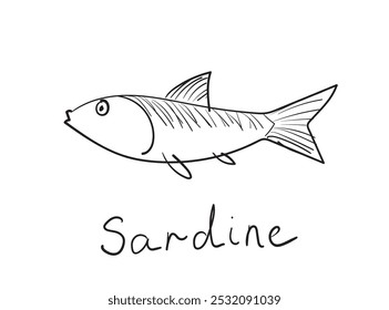 Handgezeichnete Sardinen, Sardinenfische, Piktogramm für skizzierte Fische, Sardinensymbol, skizzierte Meerestiere, Makrelen-Retro-Doodle-Zeichnung, Tintenkunstwerk Hering auf Weiß