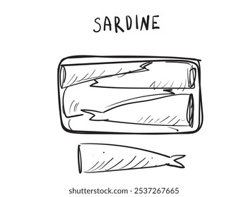 Handgezeichnete Sardinen, Sardinenfische, Piktogramm für skizzierte Fische, Sardinensymbol, skizzierte Meerestiere, Makrelen-Retro-Doodle-Zeichnung, Tintenkunstwerk Hering auf Weiß