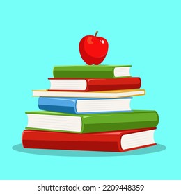 Hand Drawn Pile of books and Red apple vector illustration