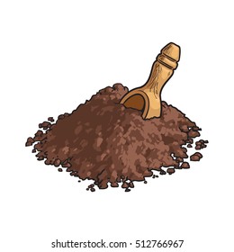 Hand drawn pile of cocoa powder with a wooden scoop, sketch style vector illustration isolated on white background. 