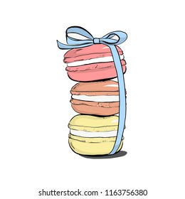Hand drawn  pile of colorful macaron cakes, french pastry dessert. Vector illustration, isolated on white background. Set off macaroon with ribbon bow. Fashion clip art