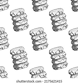 Hand drawn pile of donuts in seamless pattern. Graphic vector illustration