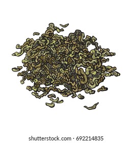 Hand drawn pile, heap, handful of dry, fermented green tea leaves, sketch vector illustration isolated on white background. Realistic hand drawing of dry green tea leaves