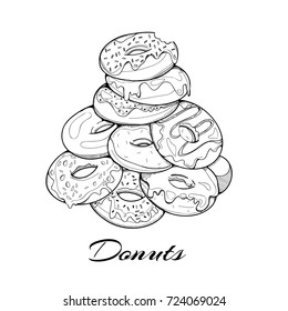 Hand drawn pile of tasty donuts. Graphic vector illustration