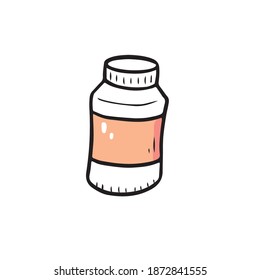Hand drawn pill container element. Doodle sketch style. Bottle element drawn by digital brush-pen. Illustration for icon, sticker design.