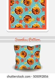 Hand drawn pillow with seamless pattern made from hand drawn leaves and pumpkins. Vector illustration. Can be used for textile.