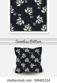 Hand drawn pillow with seamless pattern made from hand drawn flowers. Vector illustration. Can be used for textile.