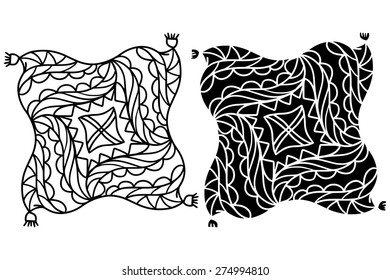 Hand drawn pillows set with tassels and patterns, line art, black silhouette closeup isolated on white background. Design element, clip art