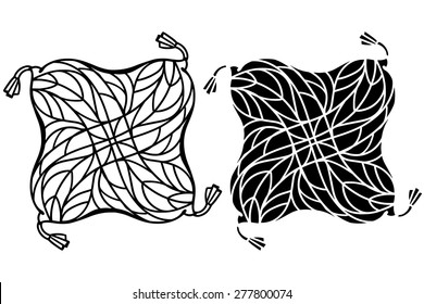 Hand drawn pillows set with tassels and pattern, line art, black silhouette closeup isolated on white background. Interior design element 