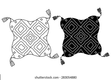 Hand drawn pillows set with tassels and pattern, line art, black silhouette closeup isolated on white background. Interior design element 