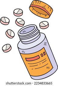 Hand Drawn pills and medicine bottles illustration isolated on background