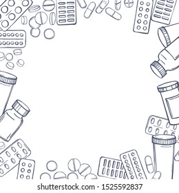 Hand drawn pills and medicines .  Vector  background
