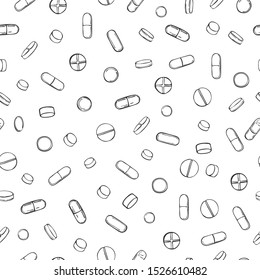 Hand drawn pills on white background.  Vector  seamless pattern.