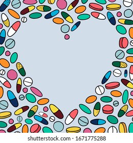 hand drawn pills and tablets in a shape of heart for frame, border for cards, posters templates. healthcare, pharmacy theme. EPS 10