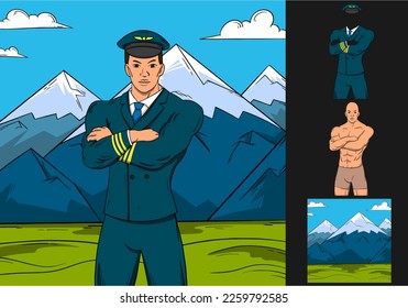 hand drawn pilot character illustration. blue suit pilot