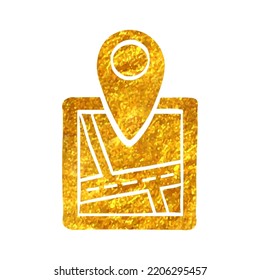 Hand drawn Pin location map icon in gold foil texture vector illustration